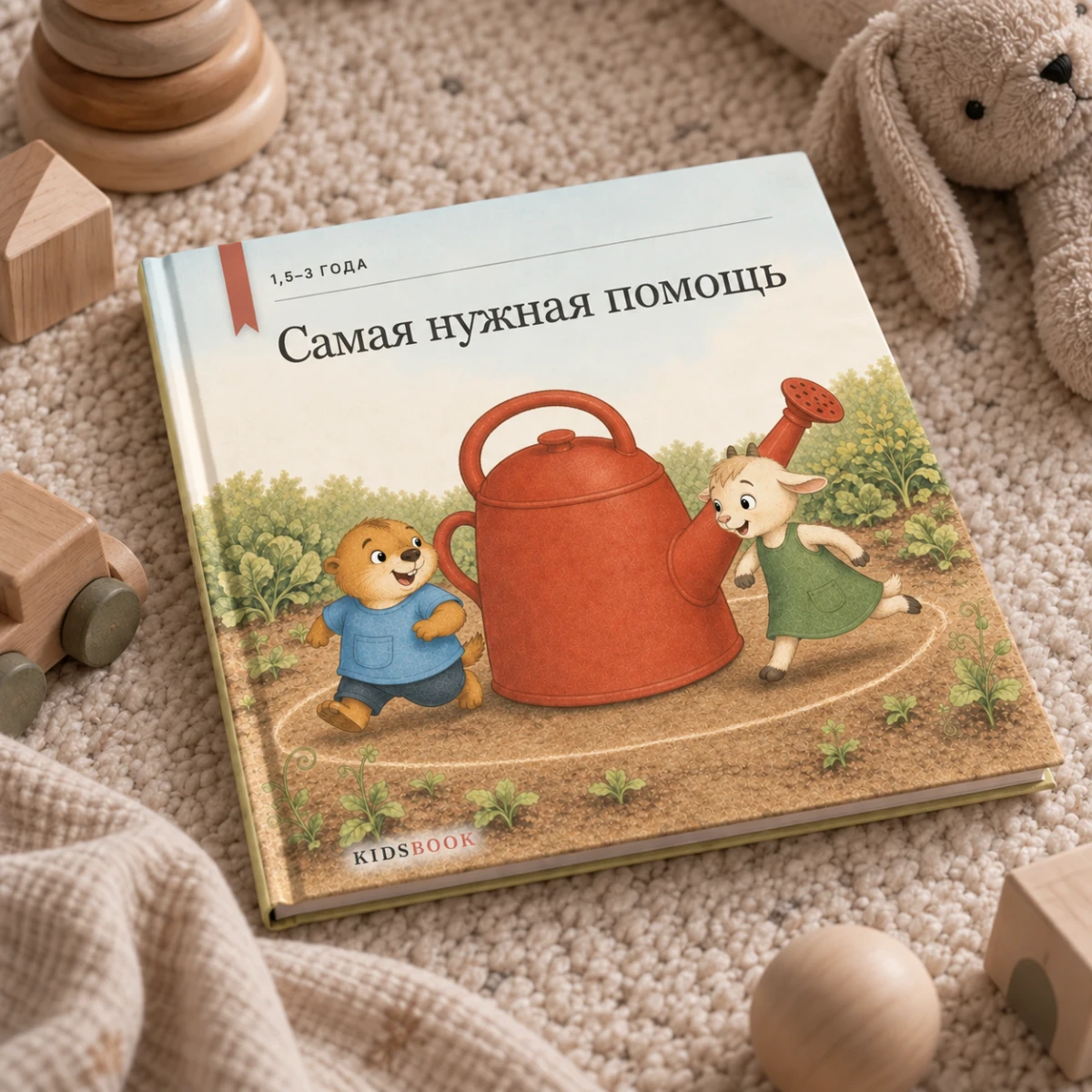 Напечатанная книга про Бубу и Марту на ковре среди игрушек